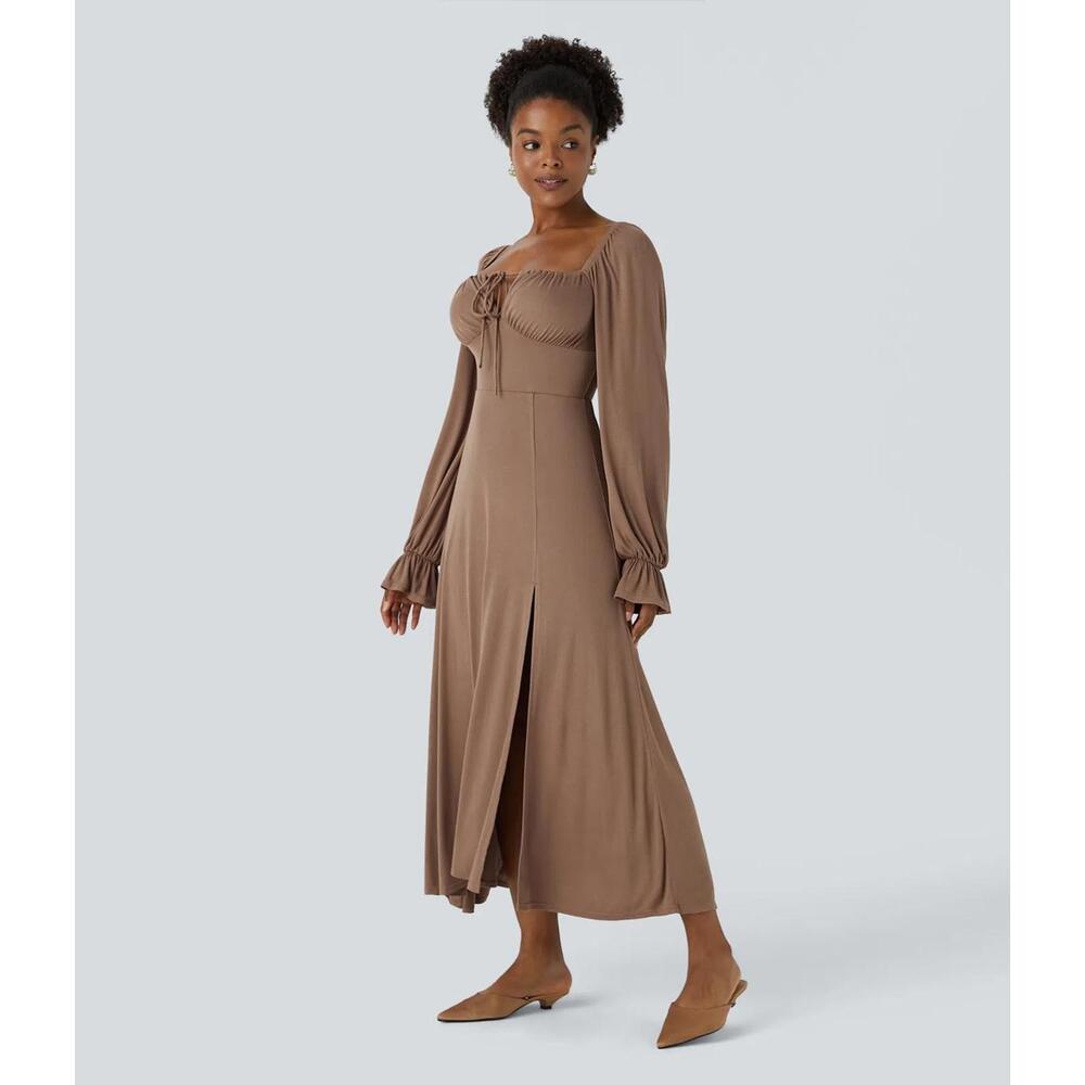 NWT Halara Square Neck Tie Front Flounce Long Sleeve Hem Midi Dress Beaver Fur M - Picture 8 of 11